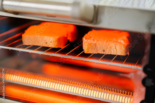 two slices of bread being toasted inside a toaster oven, highlighting the warm glow of the heating elements, indicative of a cozy and warm kitchen setting.