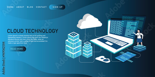 Cloud computing online database technology security computer web data center server isometric landing vector page. Server network cloud