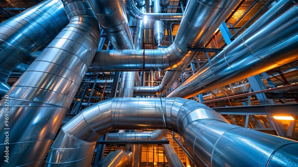 Industrial building with an intricate network of exposed ducts and pipes, highlighting the structural and functional aspects Industrial building with an intricate network of exposed ducts and pipes, highlighting the structural and functional aspects