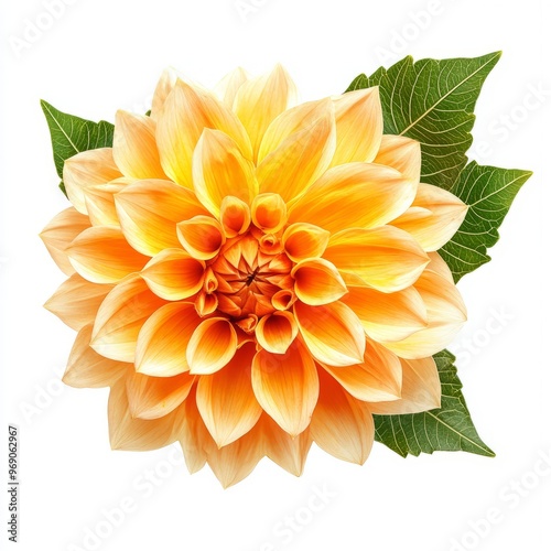 dahlia flower with leaves close up marco good for design. Isolated on white background