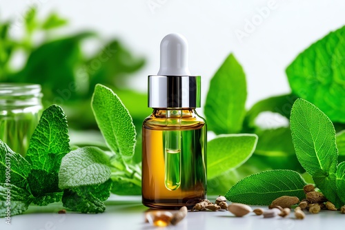 Acne scar treatment in a serum bottle, set against a background of healing herbs and plants