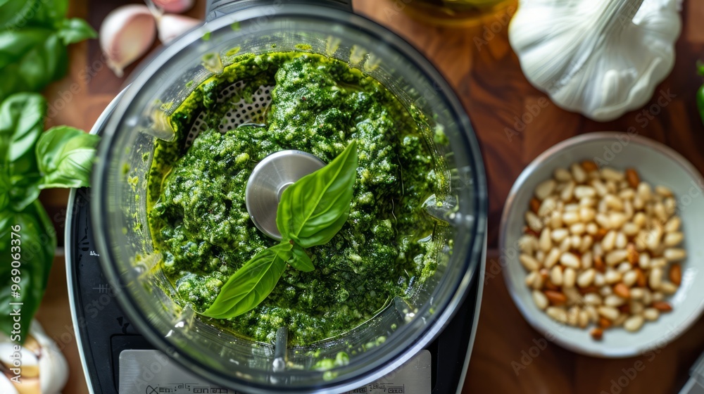 Making a batch of homemade pesto with basil, garlic, and pine nuts, blending ingredients in a food processor Making a batch of homemade pesto with basil, garlic, and pine nuts, blending ingredients in a food processor