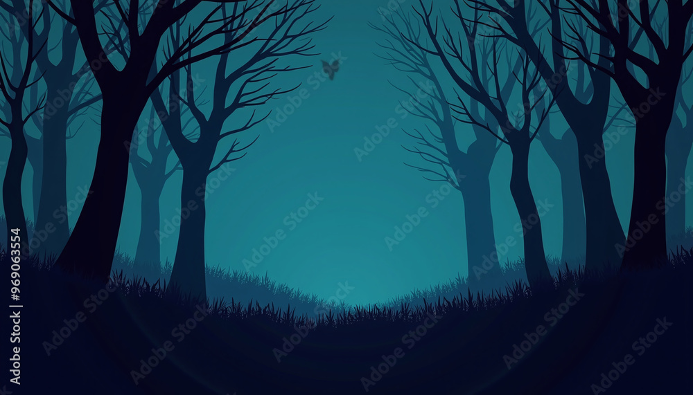 A spooky forest scene silhouette on a solid dark blue background with room for 'Wicked Halloween Sale' text in the center A spooky forest scene silhouette on a solid dark blue background with room for 'Wicked Halloween Sale' text in the center