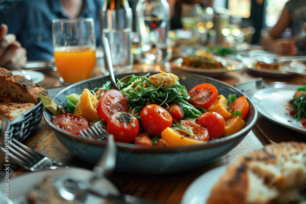Colorful Salad with Fresh Vegetables and Greens at a Restaurant Dining Table Colorful Salad with Fresh Vegetables and Greens at a Restaurant Dining Table