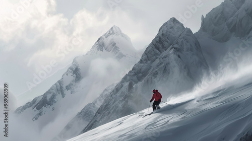 Skier skiing downhill in high mountains.