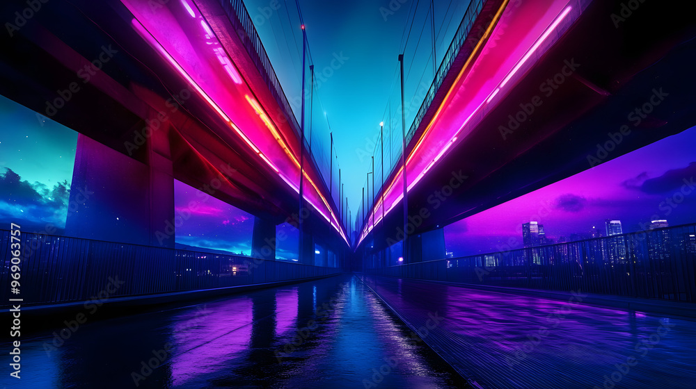 a bridge illuminated by a dramatic blue and purple light a bridge illuminated by a dramatic blue and purple light