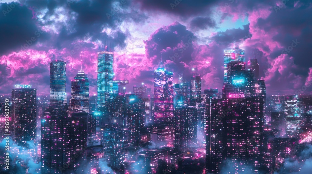 Fototapeta premium Neon infused vapor wave aesthetic cityscape
