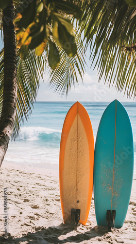 Turquoise and orange surfboards rest on a sandy beach, framed by palm leaves under a bright sky, with gentle waves rolling in, creating a vibrant tropical scene