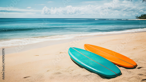 Turquoise and orange surfboards lie on a sandy beach, with gentle waves lapping at the shore under a bright blue sky