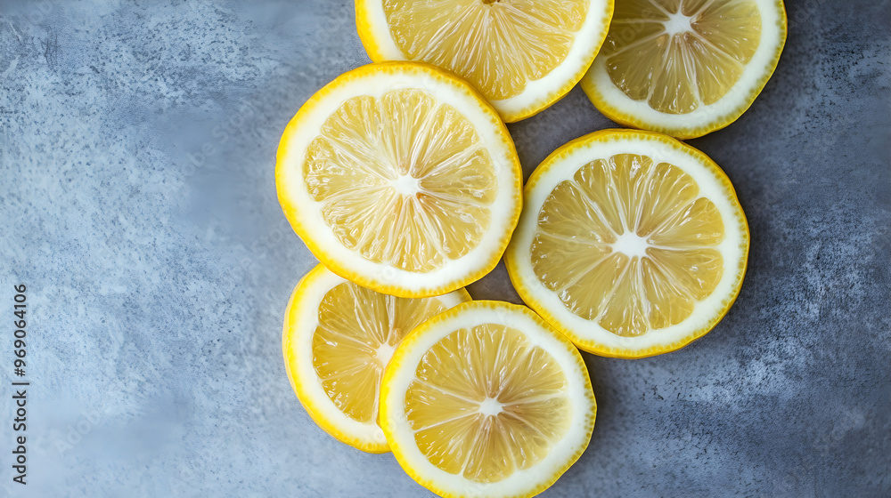 Yellow lemon slices arranged on a gray table creating a vibrant contrast and a fresh, appetizing look Yellow lemon slices arranged on a gray table creating a vibrant contrast and a fresh, appetizing look