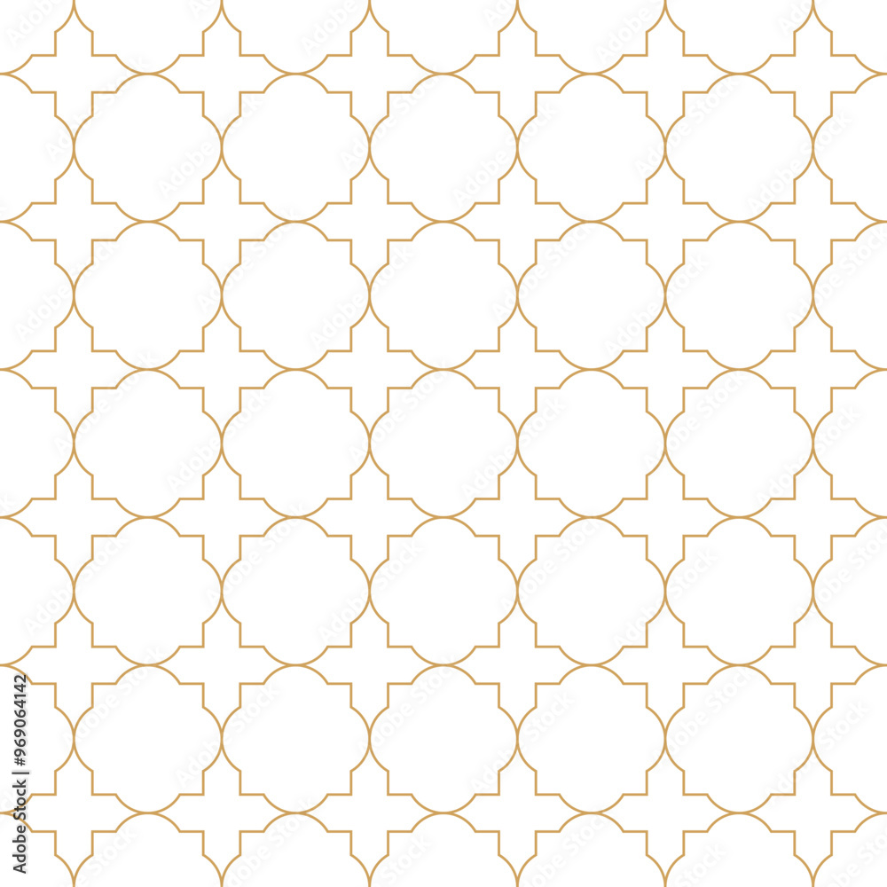 Fototapeta premium Quatrefoils seamless pattern with gold curved line on a white background. Ideal for elegant and sophisticated designs.