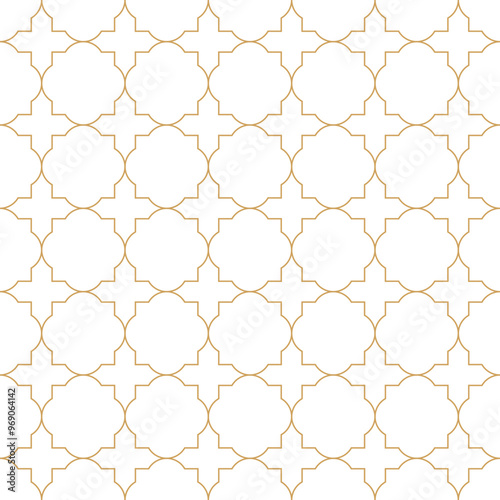 Quatrefoils seamless pattern with gold curved line on a white background. Ideal for elegant and sophisticated designs.