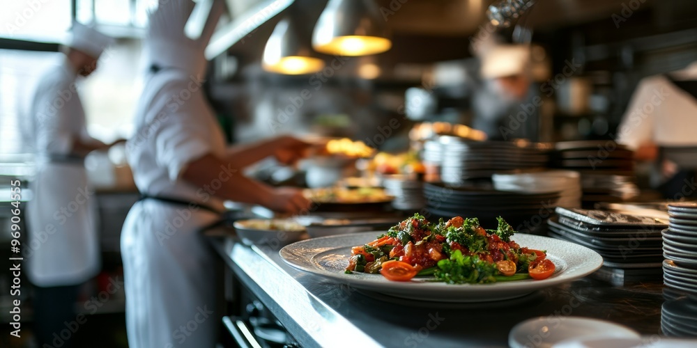 Upscale Restaurant Kitchen with a Professional Chef Showcasing Gourmet Cuisine Upscale Restaurant Kitchen with a Professional Chef Showcasing Gourmet Cuisine