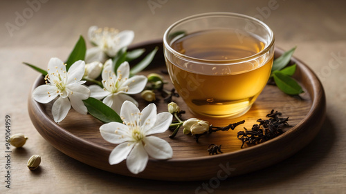 Jasmine tea in glass cup on wooden table with jasmine flowers and green leaves. Brewing herbal tea, organic floral tea