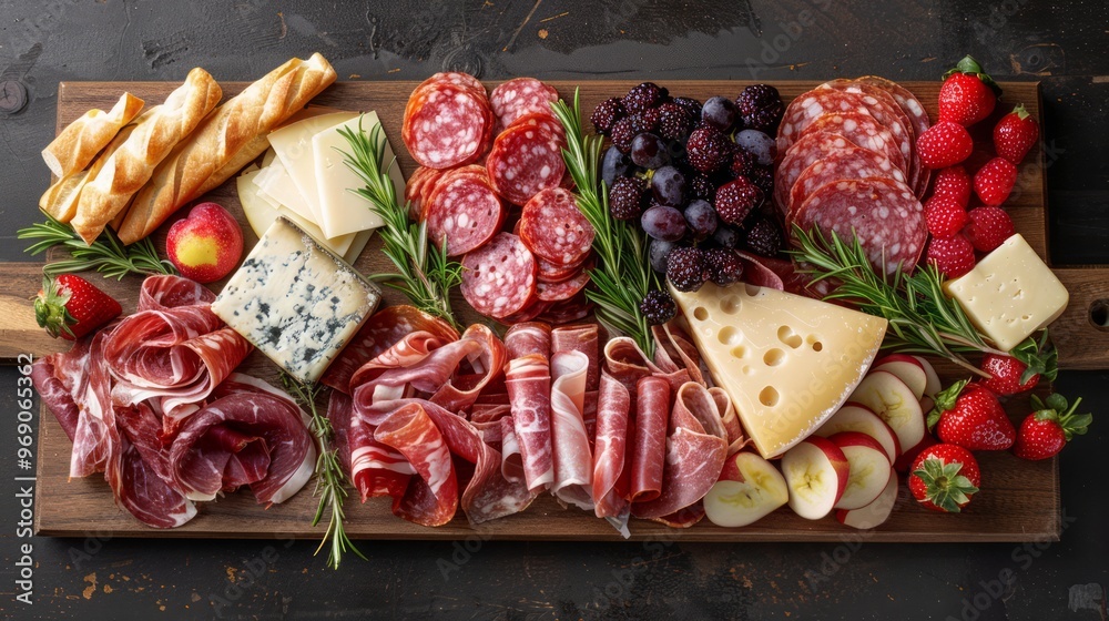 Overhead shot of a beautifully arranged charcuterie board with meats, cheeses, and fruits Overhead shot of a beautifully arranged charcuterie board with meats, cheeses, and fruits
