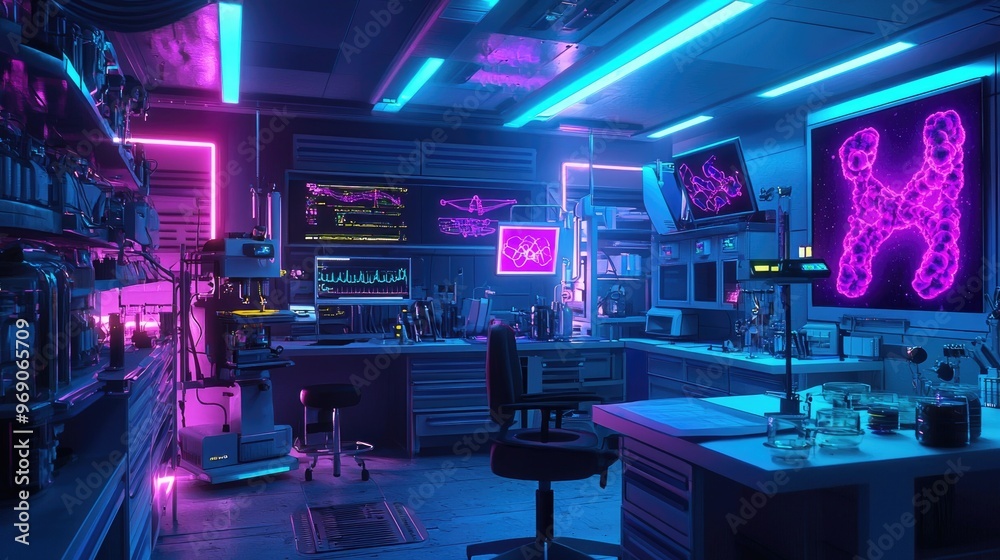 Neon lit biopunk laboratory with gene splicing equipment Neon lit biopunk laboratory with gene splicing equipment