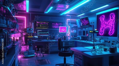 Neon lit biopunk laboratory with gene splicing equipment photo