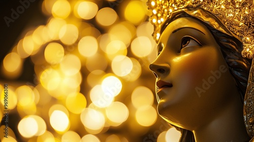 Our Lady of Aparecida (Nossa Senhora Aparecida) statue, iconic in Brazilian Catholicism. Glowing bokeh background enhances her divine presence, perfect for religious visuals with copy space photo