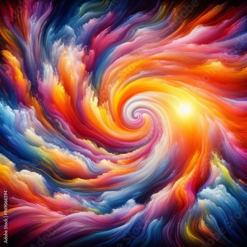 A mesmerizing abstract digital art piece featuring swirling patterns of vivid colors, creating a dynamic and energetic visual effect. The vibrant hues blend seamlessly, evoking a sense of motion and