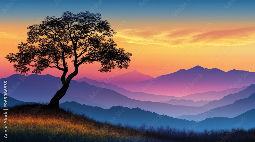 Fototapeta premium Silhouette of a Tree at Sunset Over Mountains