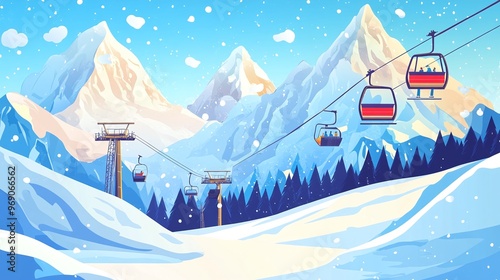 Ski resort landscape posters set. Snowy peaks of mountains. Ski elevators. Winter sport travel adventure and holidays concept. Flat cartoon minimalism vector illustration