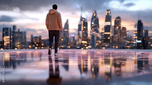 Man walking towards futuristic city skyline