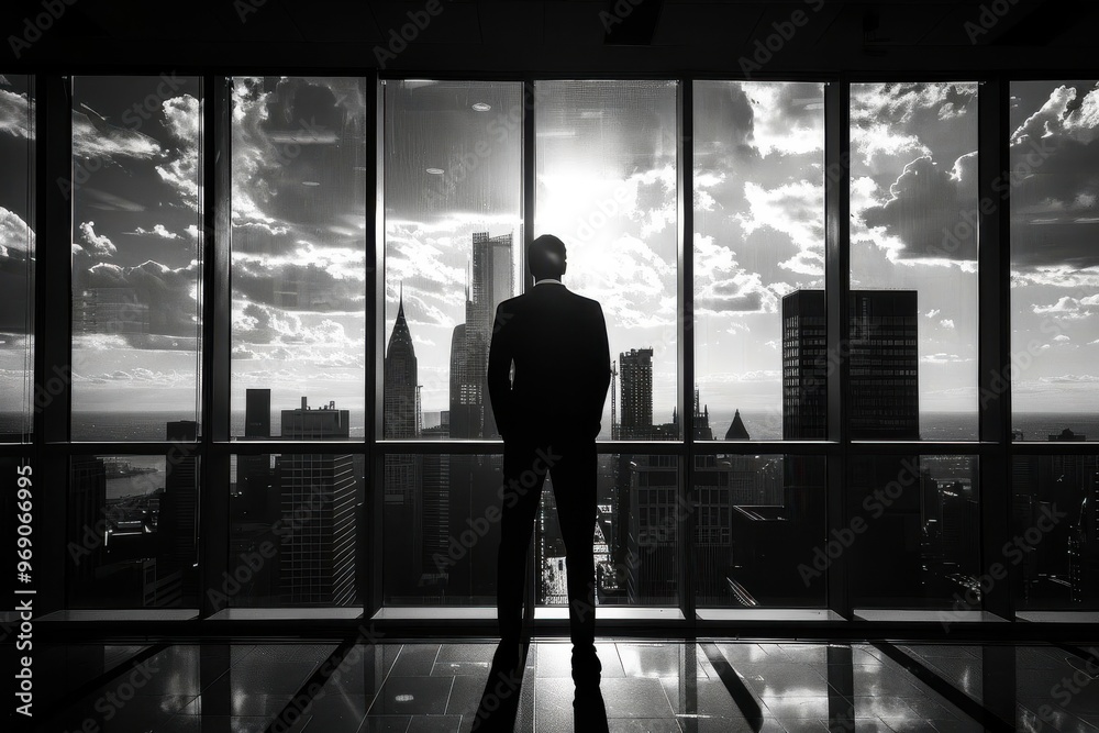 A silhouette of a businessman gazing out from a skyscraper, overlooking a city skyline during a dramatic sunset. A silhouette of a businessman gazing out from a skyscraper, overlooking a city skyline during a dramatic sunset.