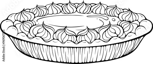 Pie with whipped cream or meringue on top. Traditional sweet pumpkin or apple pie. Vector illustration in hand drawn sketch style. Line art isolated on white for coloring book, print