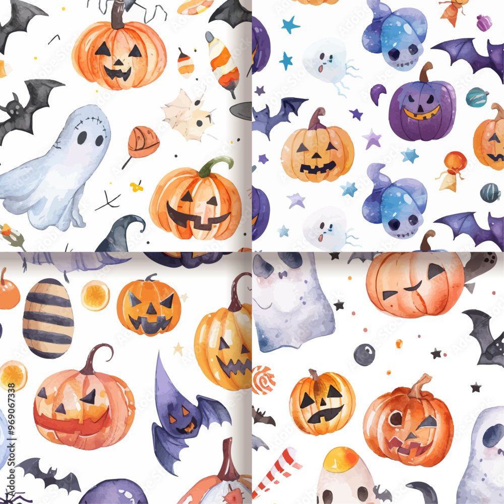 Watercolor Halloween Seamless Pattern with Pumpkins Ghosts Bats and Candy Watercolor Halloween Seamless Pattern with Pumpkins Ghosts Bats and Candy