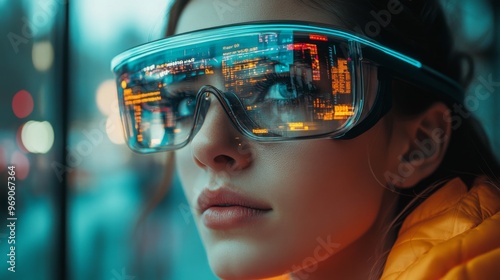 Futuristic AR glasses offering augmented reality overlays in daily life: A person navigating a city with AR information displayed on smart glasses.