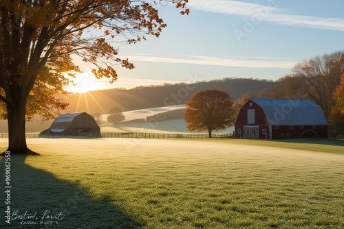 A serene New England Farm in Boston, Massachusetts, USA, during the autumn season, bathed in the warm, golden light of sunrise