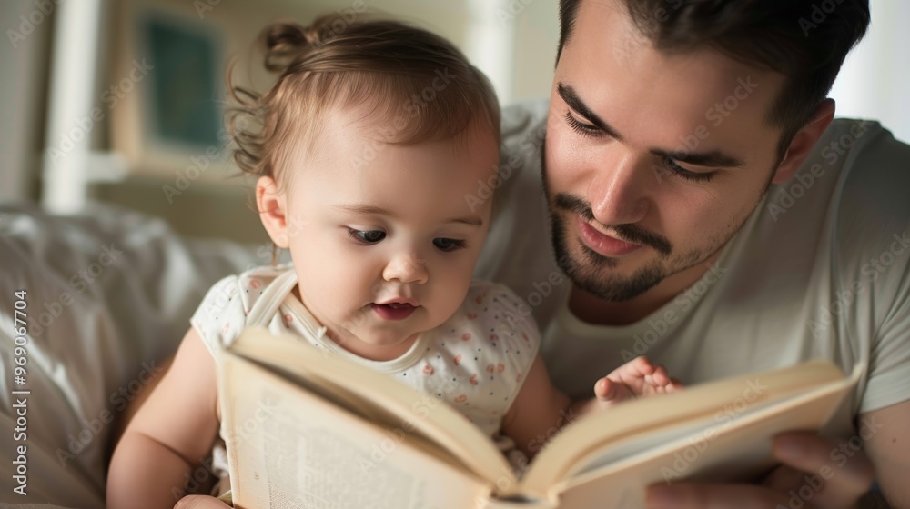 Horizontal portrait of a father and child quietly reading a book together at home. Horizontal portrait of a father and child quietly reading a book together at home.