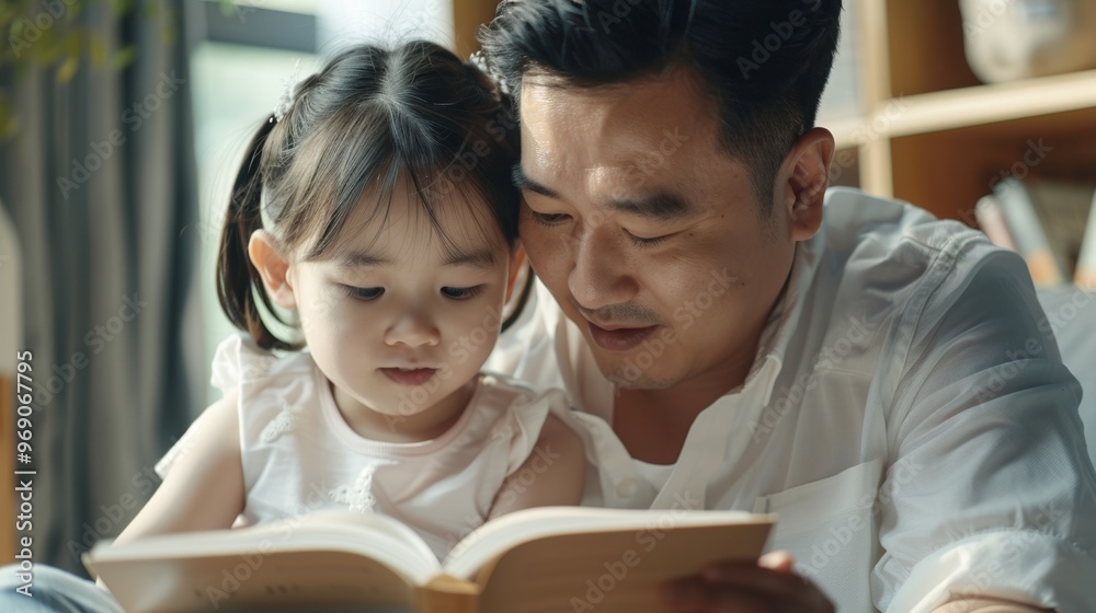 Horizontal portrait of a dad enjoying storytime with his child, sharing an intimate moment. Horizontal portrait of a dad enjoying storytime with his child, sharing an intimate moment.