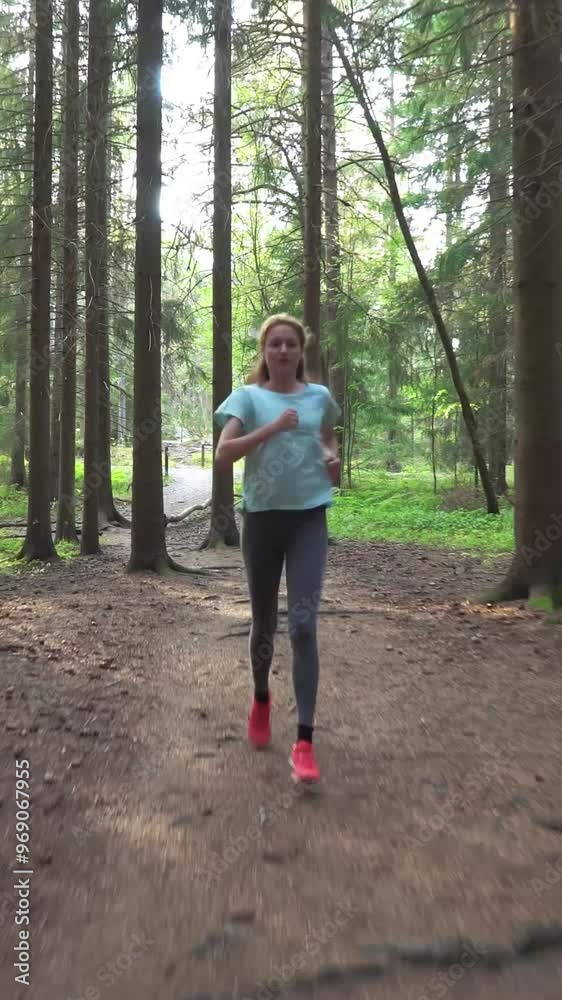 Athletic young woman running in a national park in Finland, doing sports in the forest, staying fit by exercising Athletic young woman running in a national park in Finland, doing sports in the forest, staying fit by exercising