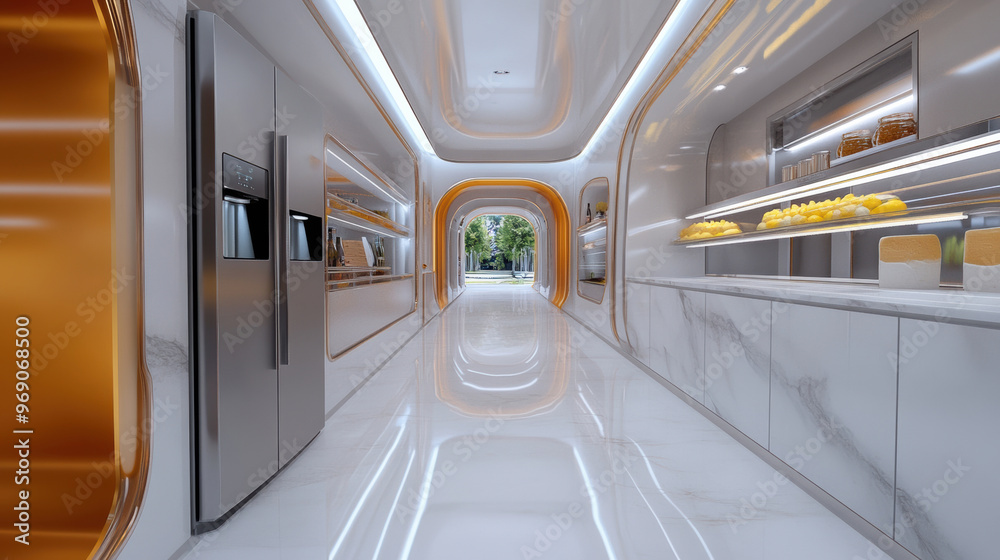 A long hallway with a refrigerator and orange walls, AI A long hallway with a refrigerator and orange walls, AI