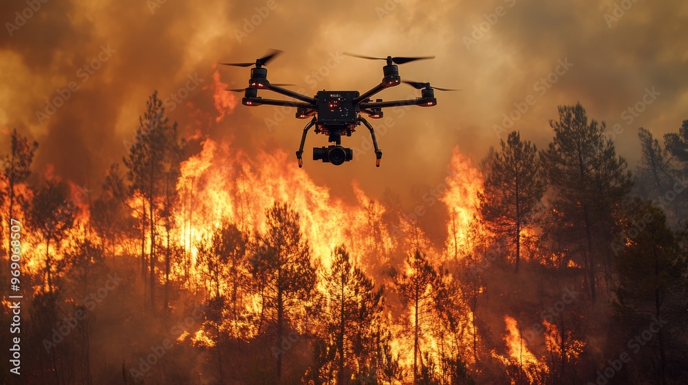 Autonomous AI-powered firefighting drones using real-time data to combat wildfires: Drones flying above wildfires, using AI to target and suppress fires efficiently. Autonomous AI-powered firefighting drones using real-time data to combat wildfires: Drones flying above wildfires, using AI to target and suppress fires efficiently.