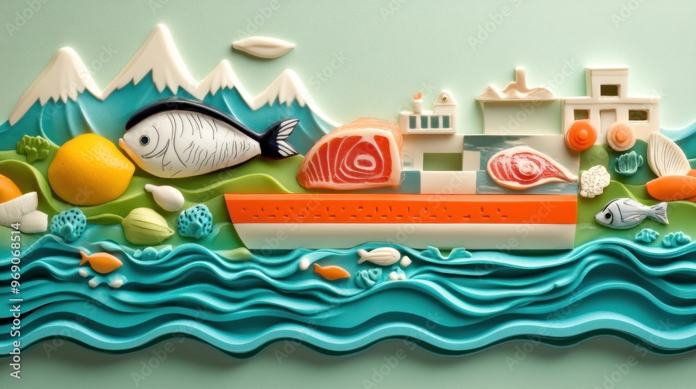 Obraz premium A Sculptural Depiction of a Boat Carrying Fish and Seafood on a Wavy Ocean