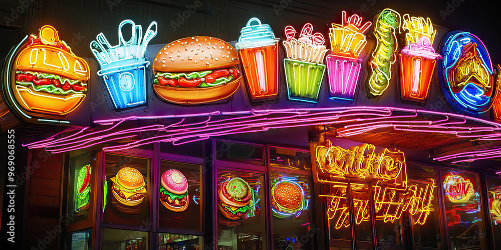 Naklejka premium Fluorescent Fast Food Fiesta: A colorful, neon sign above a fast food restaurant, beckoning late-night diners.