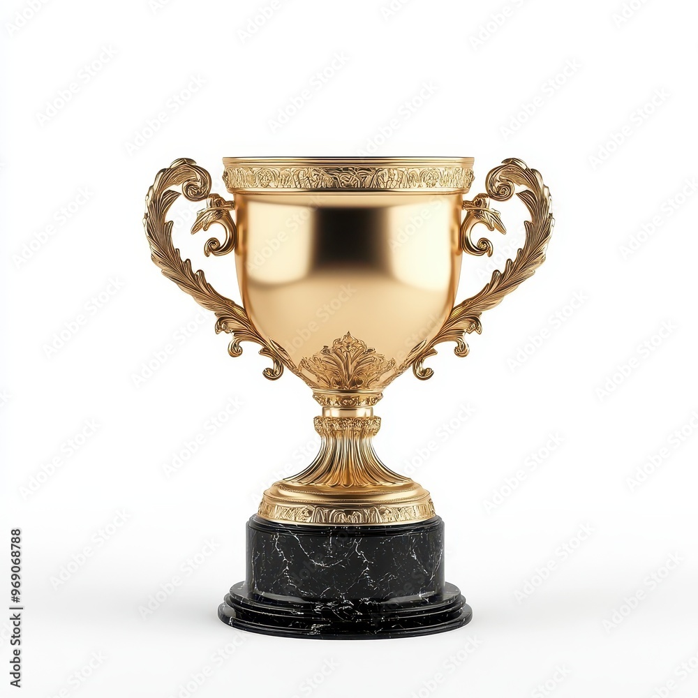 A shiny golden trophy with ornate handles, resting on a black marble base. A shiny golden trophy with ornate handles, resting on a black marble base.