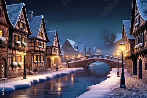 Serene winter night scene of an empty medieval riverfront