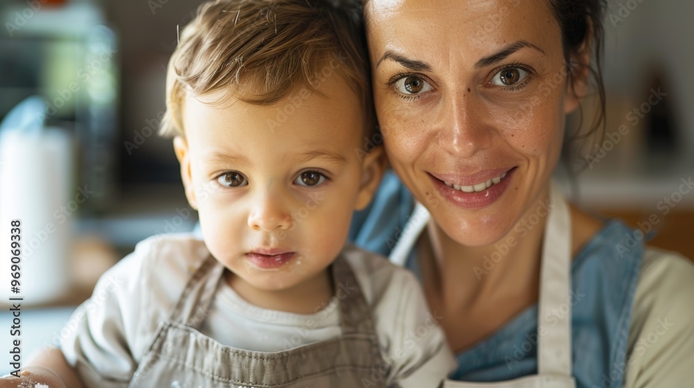 Mother and child enjoy a sweet baking session in their quaint kitchen, both in aprons and showing happy faces. Mother and child enjoy a sweet baking session in their quaint kitchen, both in aprons and showing happy faces.