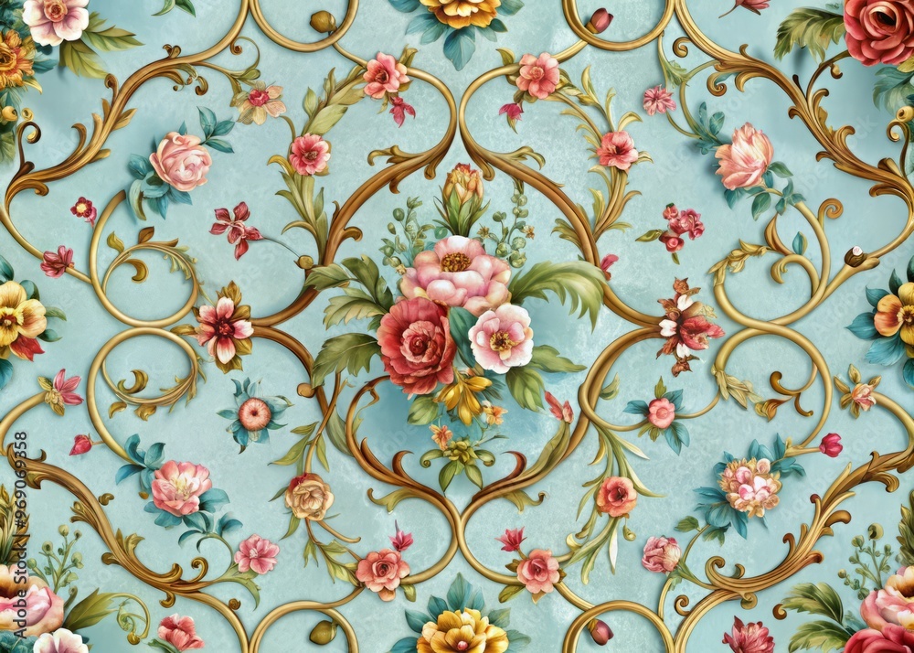 Fototapeta premium Vintage floral vines entwined with trellis motifs on a soft blue background, surrounded by ornate borders of rolled florals and acanthus leaves.