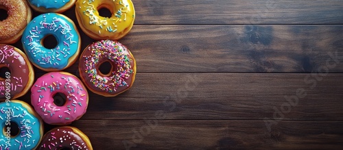 Colorful donuts on a wooden...