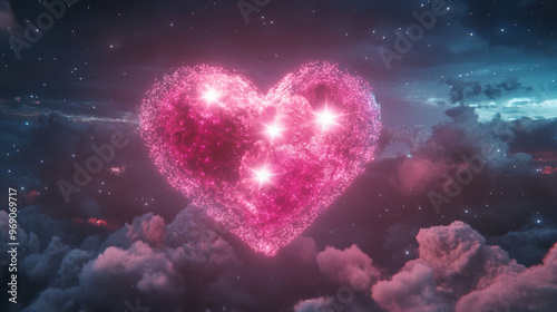 huge heart in pink light floating in the sky, made with white star and cover with lights.up in the dark night sky