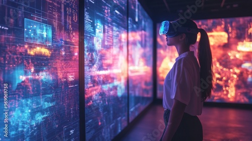 Futuristic augmented reality museum exhibit with AI narrators: Visitors exploring a museum with interactive holographic exhibits.