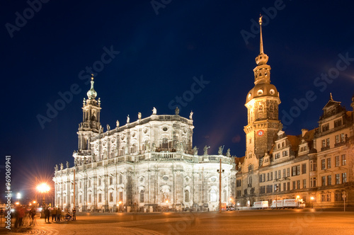 Kathedrale St. Trinitatis und Residenzschloss bei Nacht, Dresden, Sachsen, Deutschland, Europa photo