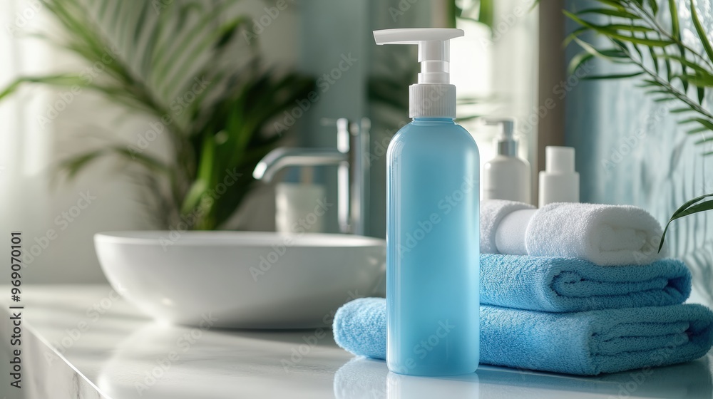 Blue Bathroom Cleaner Bottle with White Pump on a Marble Countertop with Towels and a Sink Blue Bathroom Cleaner Bottle with White Pump on a Marble Countertop with Towels and a Sink