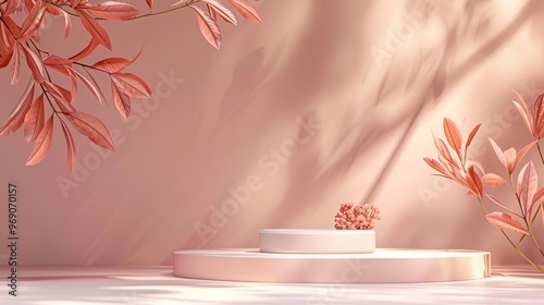 a white cake on a white pedestal with red leaves photo