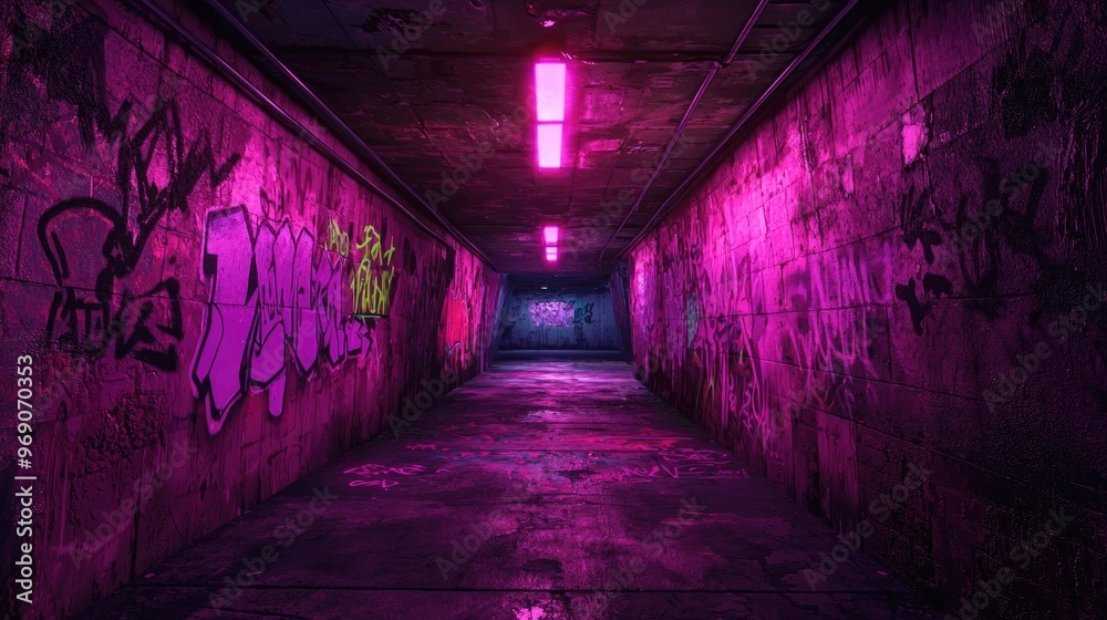 Neon lit underground tunnel with graffiti Neon lit underground tunnel with graffiti