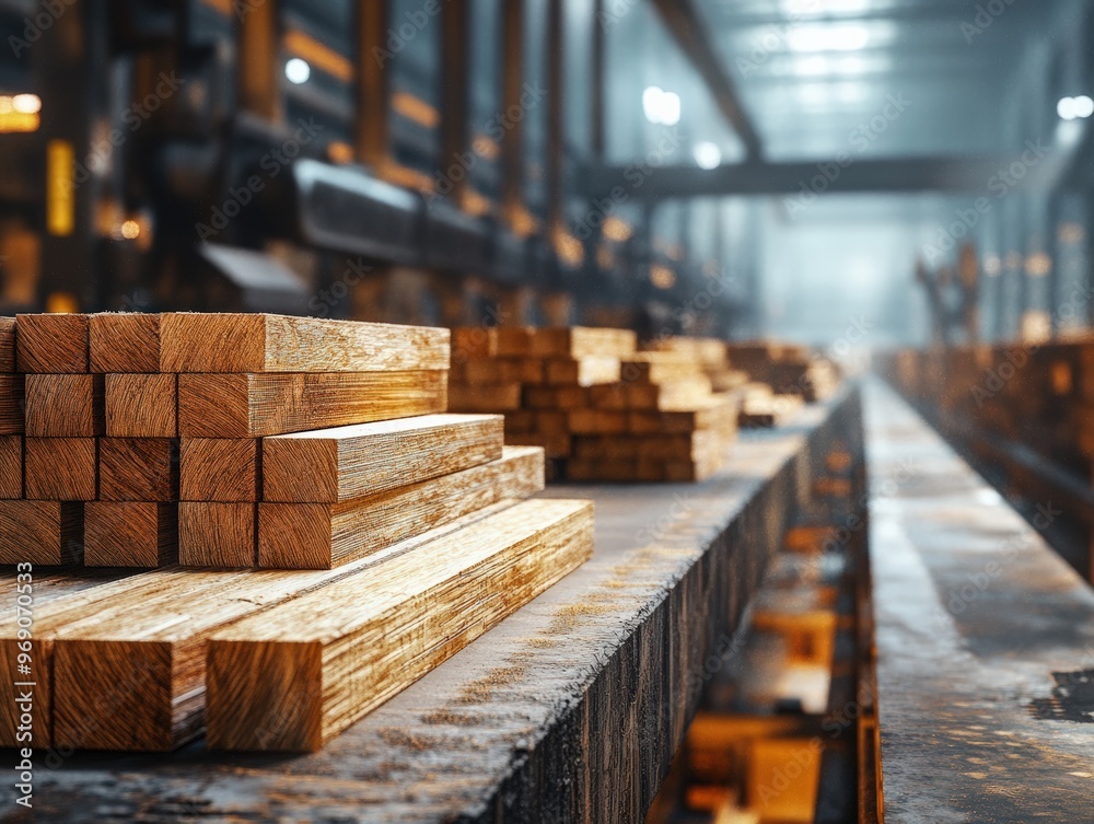 Close-up Perspective of Stacked Wooden Beams in Industrial Setting, Displaying Various Sizes and Textures Close-up Perspective of Stacked Wooden Beams in Industrial Setting, Displaying Various Sizes and Textures